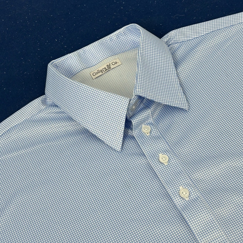 Collars & Co. Dress Collar Polo Shirt Men's XL Light Blue White Houndstooth